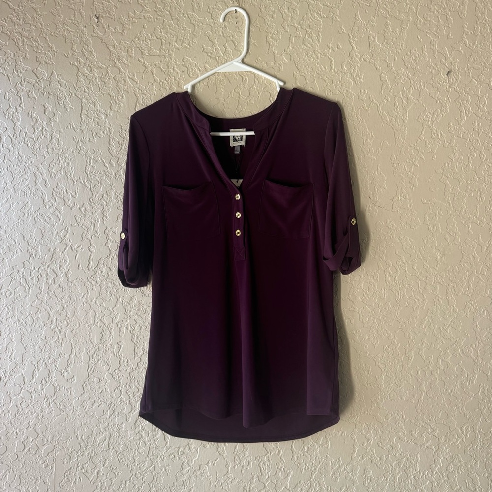 Ann Taylor Purple Polo Collar Blouse with 3/4 Cuffed Sleeves